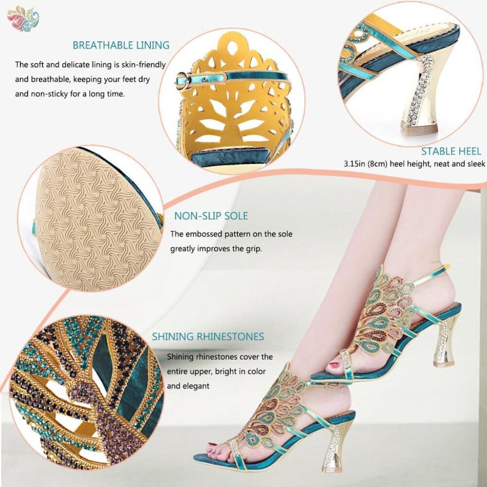 Women's Sliver Rhinestone Peacock Pattern Chunky Stylish Comfortable Sandal Heel - Picture 6 of 6